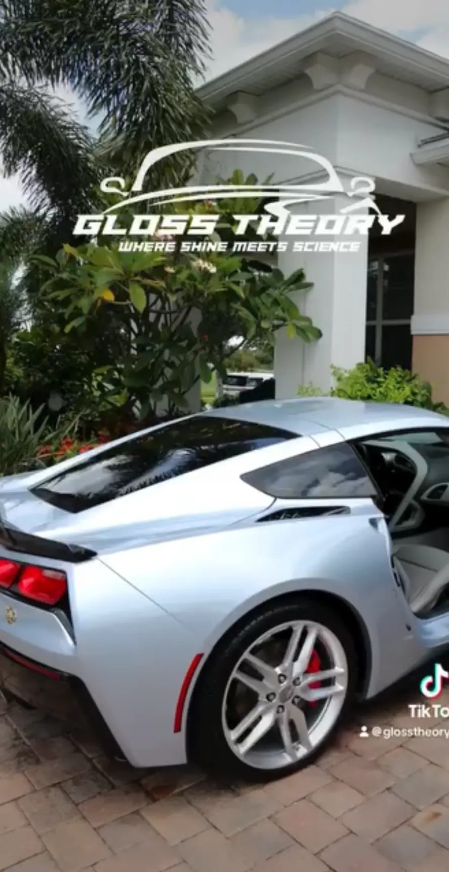 Silver Corvette Stingray detailed in a driveway